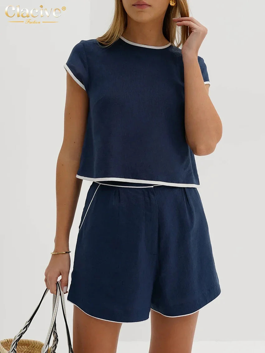 Clacive Casual Loose Blue Cotton 2 Piece Sets Women Outfit Elegant Short Sleeve Shirt With High Waist Shorts Set Female Blue