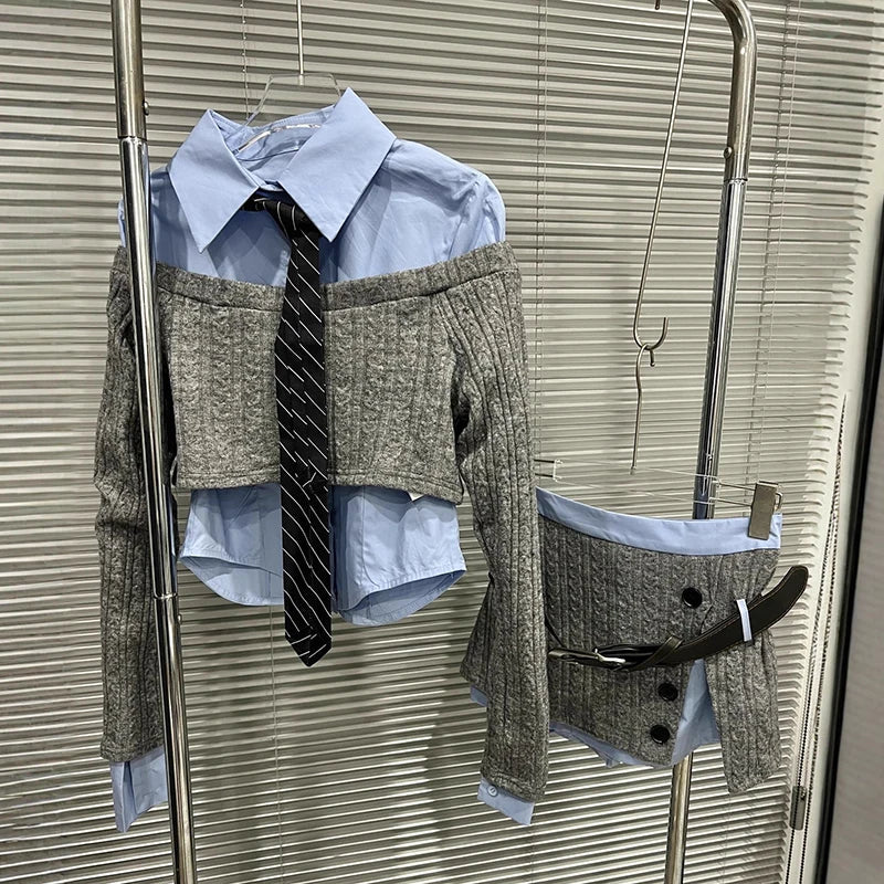 Autumn Winter New Knit Sweater Blue With Tie Shirt Spliced Fake Two-Piece Top Skirt Women's Three Pieces Set 11A07568