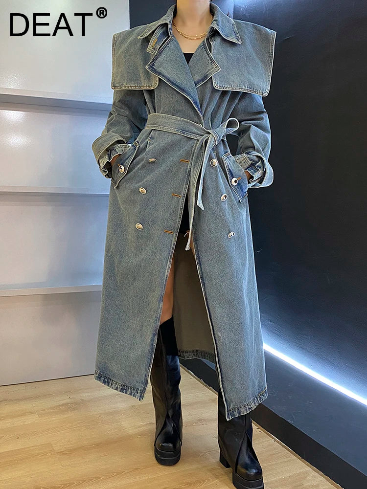 DEAT Fashion Women's Denim Jackets Loose Big Double Layer Collar Single Breasted Long Sleeve Sashes Coat Winter New 17A4709