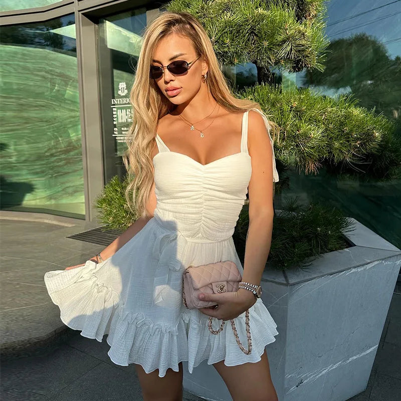 Talenza White Spliced Backless Women's Dress Sexy Suspender High Waist Sleeveless Party Fashion Summer Dress For Women New