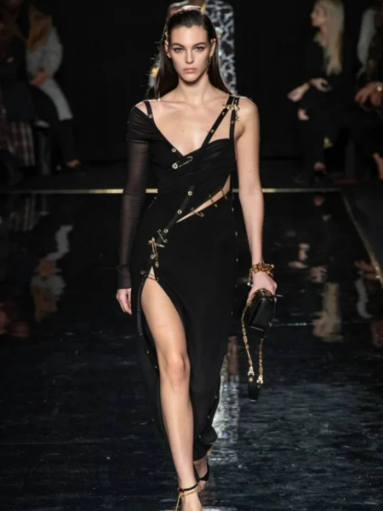 Black Long Sleeve One Shoulder Open Fork Rayon Bandage Dress Cocktail Party Bodycon Dress