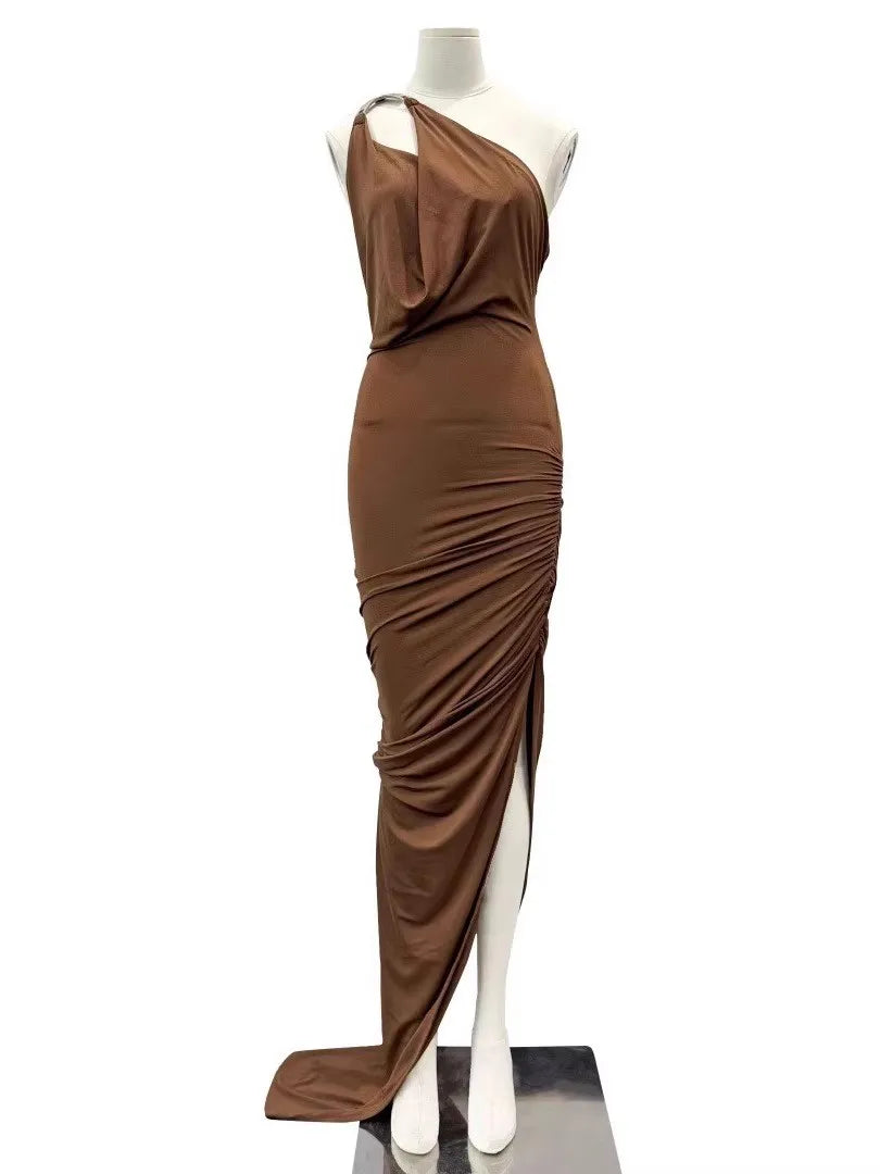 Solid Slimming Spliced Folds Irregular Dresses for Women Diagonal Collar Sleeveless Split Dress Femlae Clothing New COFFEE