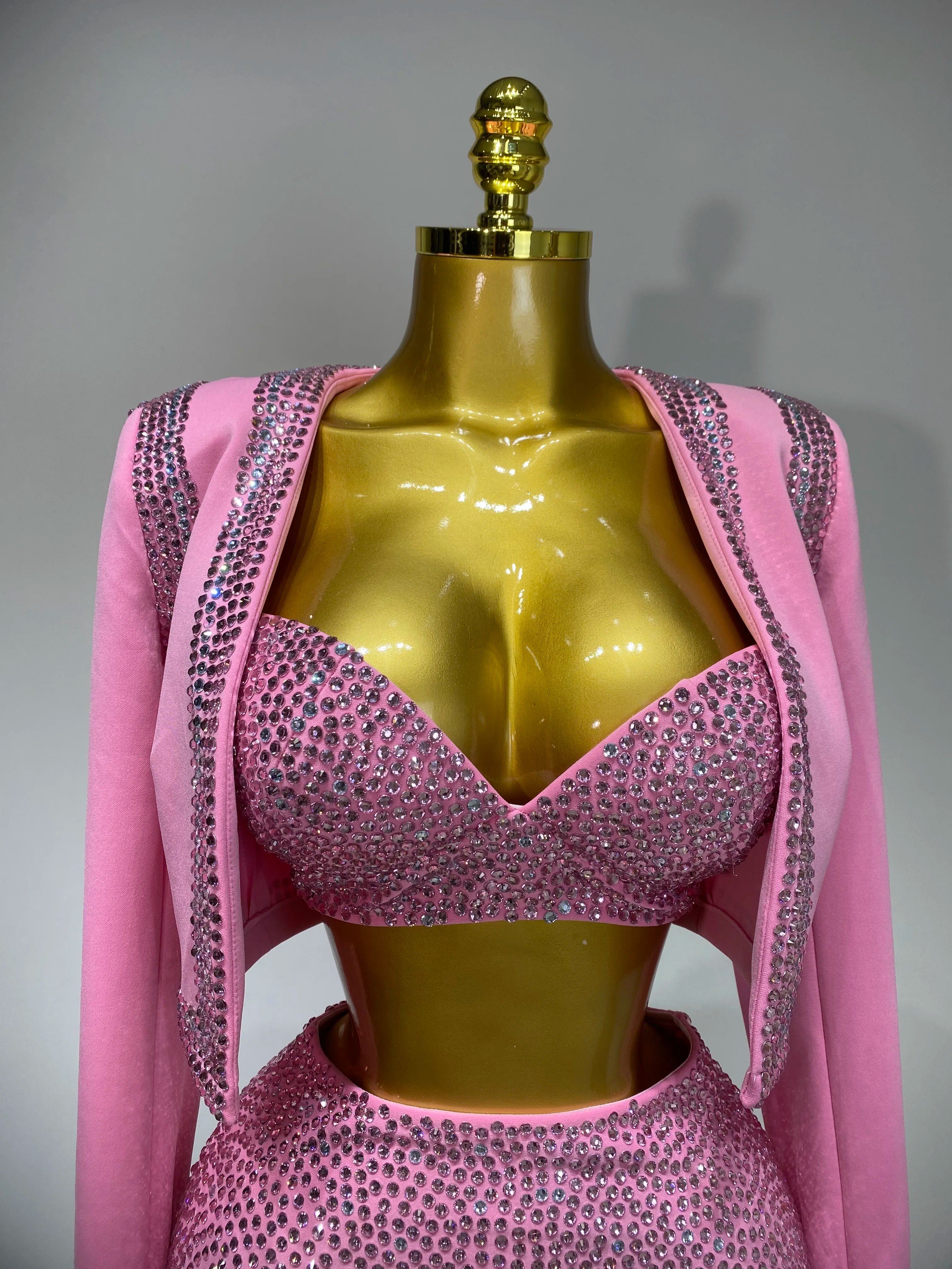 Luxury Rhinestone Jacket Bra Top And Matching Shorts Set 3 Pieces Outfits Women Sexy Sparkle Nightclub Singer Stage Outfit