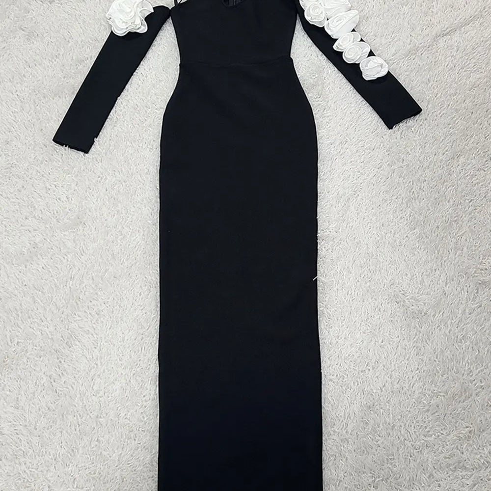 2025 Sexy Women's 3D Flower Decorative Bandage Dress with Diagonal Collar Long Sleeve Bodycon Split Length Dress Party Vestidos