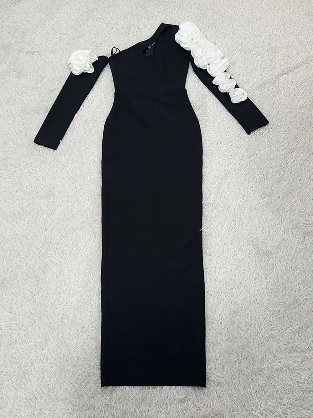 2025 Sexy Women's 3D Flower Decorative Bandage Dress with Diagonal Collar Long Sleeve Bodycon Split Length Dress Party Vestidos