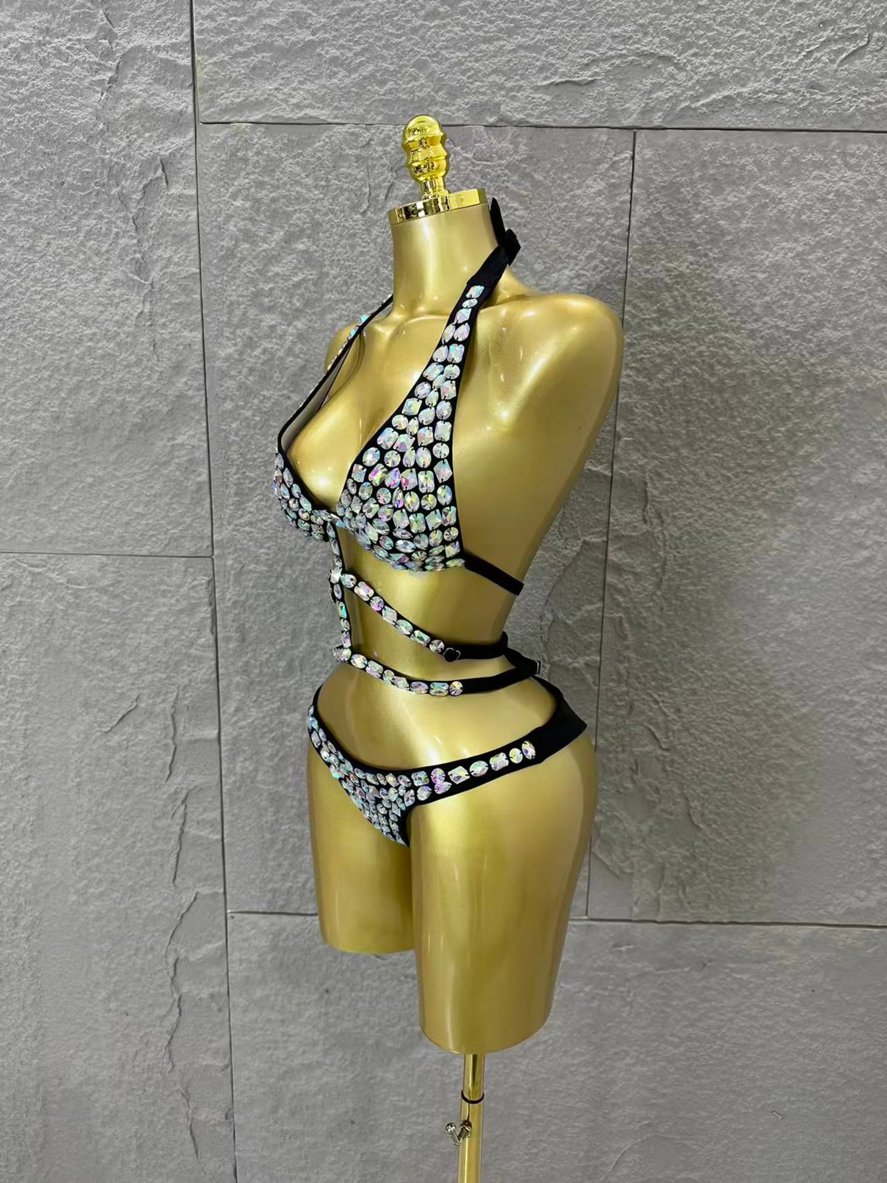 2026 Luxurious Black Bodysuit Women Sexy Halter Neck Iridescent Crystal Embellished Cutout Outfit Stage Performance Costume