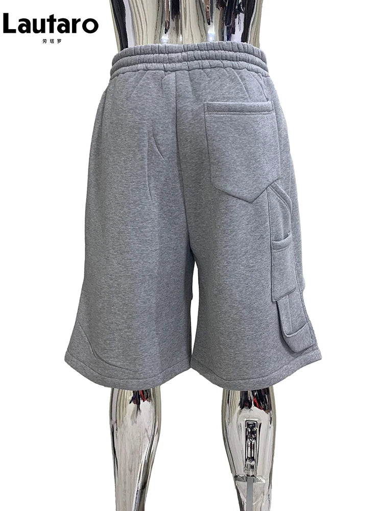 Nerazzurri Summer Autumn Loose Casual Soft Grey Shorts for Men Drawstring Elastic Waist Pockets Knee Length Sweatpants Clothes