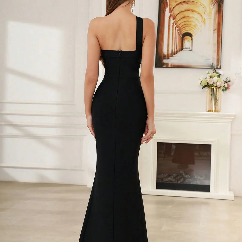 2024 Sexy Women's Wear Beaded Water Diamond Bandage Dress One Shoulder Sleeveless Bodycon Off the Back Long Dress Party Vestido