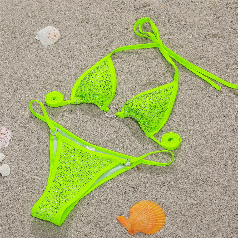 Sexy Shiny Crystal Swimwear Rhinestone Diammond Triangle Bikini Black Bandage Women Bathing Suits Fluorescent green