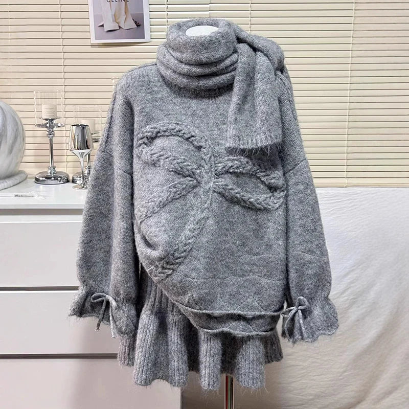 Autumn Winter New Style Scarf Bow Sweater Pullover Solid Color Knitted Skirt Three-Piece Set Set For Women 11A07911 One Size