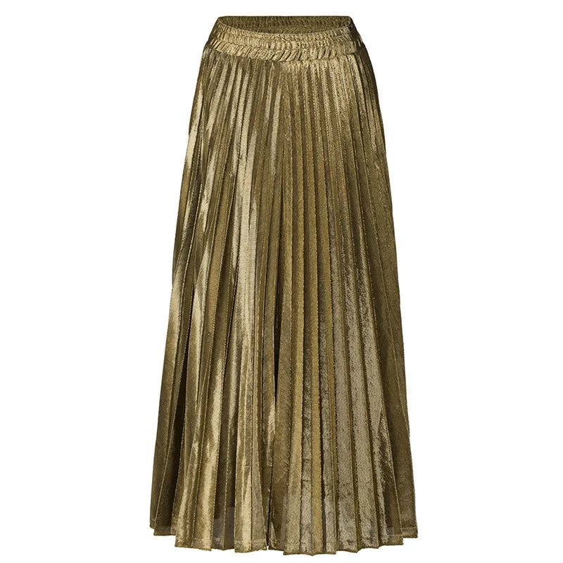 Women Shiny Luster Long Pleated Skirt Beach Party High Waist A-line Umbrella Long Skirt for Autumn Golden