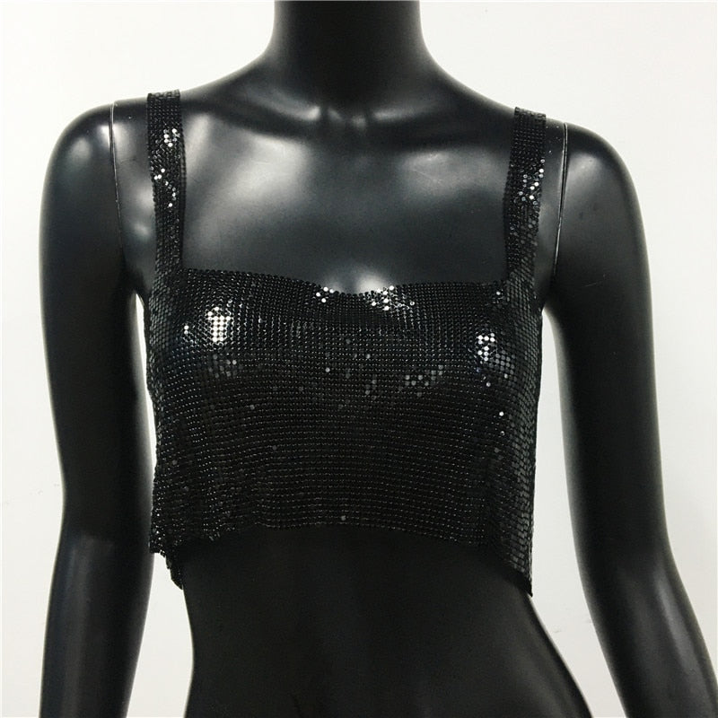 Sexy Metal Sequin Tank Top For Women y2k Summer Beach Backless Crop Top Rave Festival Club Outfits Camisole