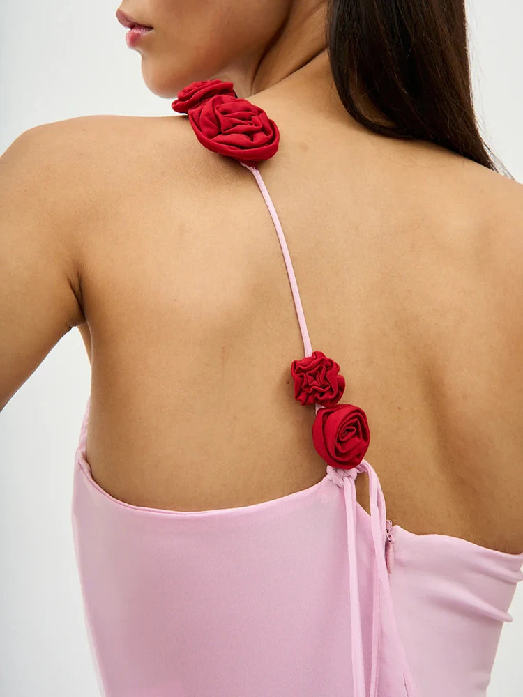 Women'S Pink Dress Elegant And Pretty Maxi Gown 3D Flower Design Diagonal Collar Sleeveless Formal Party Vestidos