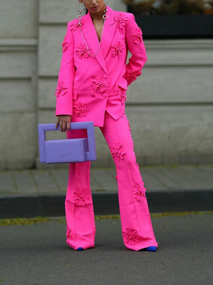 Solid Patchwork Appliques Two Piece Sets For Women Lapel Long Sleeve Coat High Waist Pant Chic Set Female Clothing