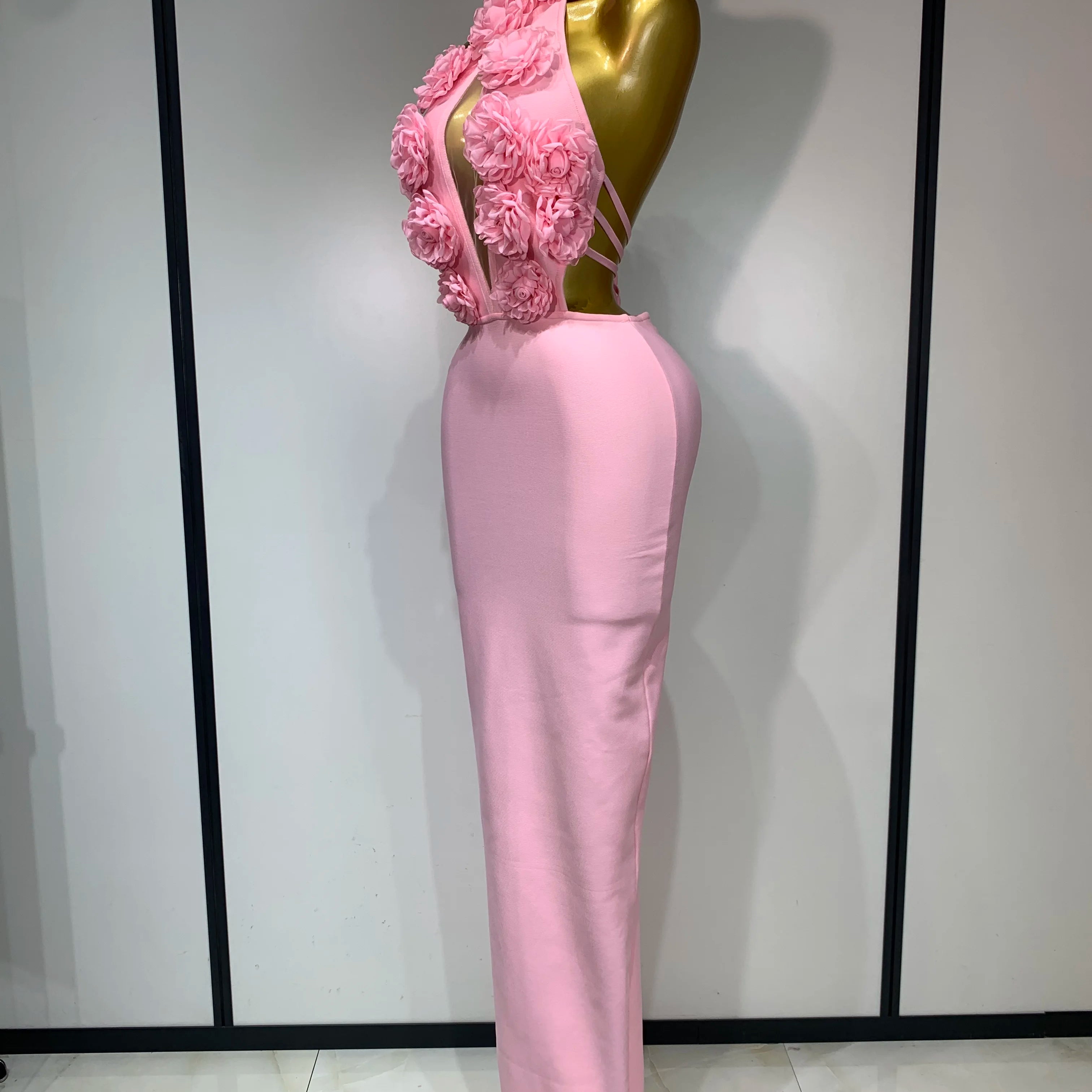 Luxury Birthday Dress Women Celebrity Sexy Halter Backless Flower Long Bandage Bodycon Dress 2025 Elegant Evening Party Outfit 
