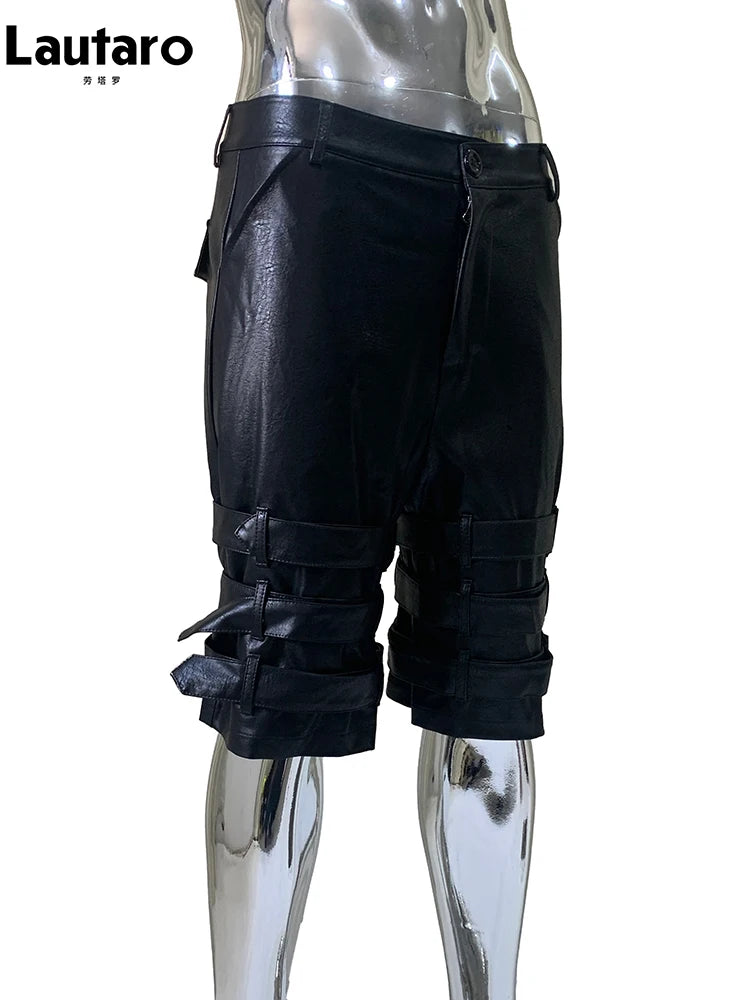 Lautaro Summer Cool Hard Black Pu Leather Shorts for Men with Many Belt High Waist Short Punk Style European Fashion Emo Clothes