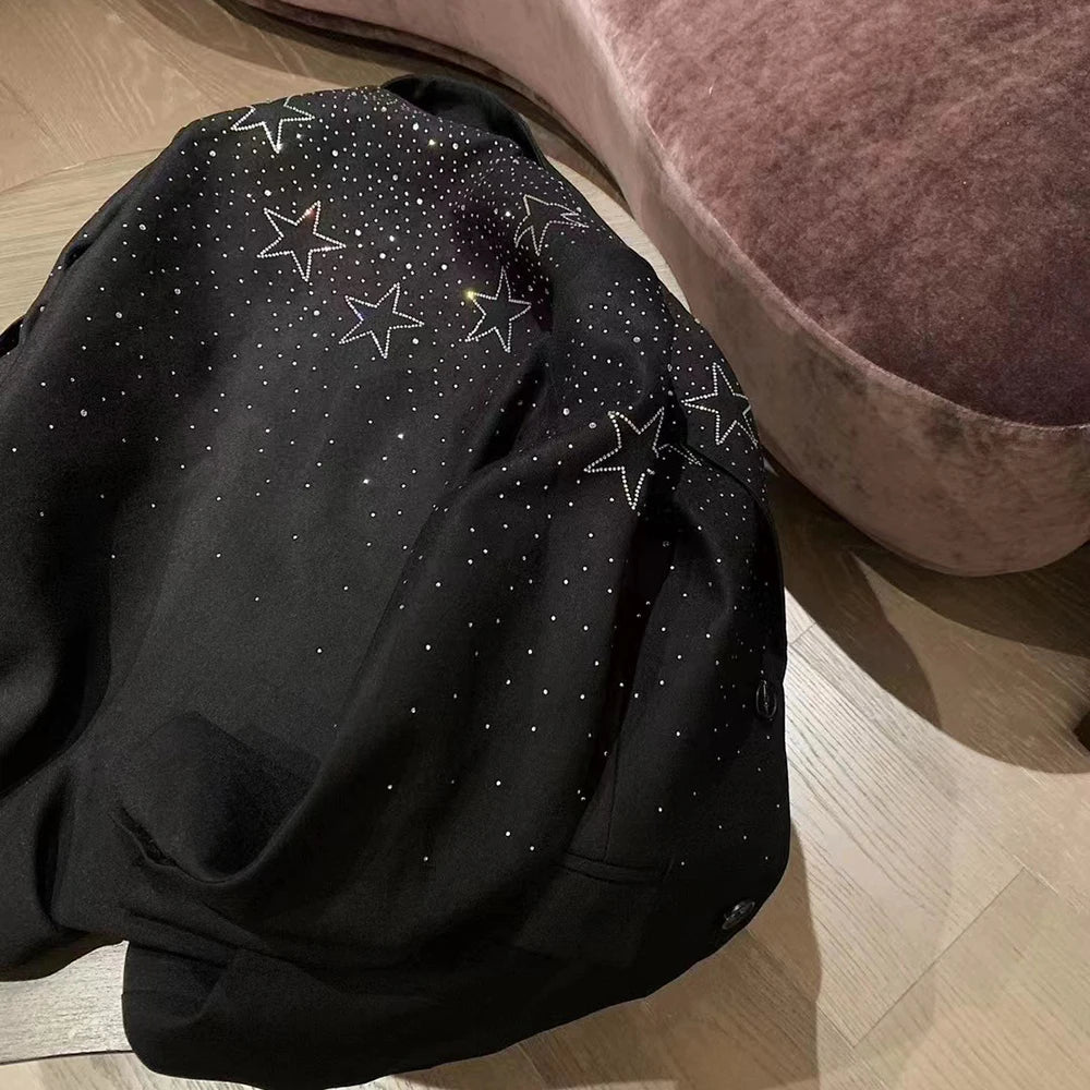 Solid Spliced Bedazzle Jackets for Women Lapel Long Sleeves Patchwork Single Breasted Temperament Jacket Female New