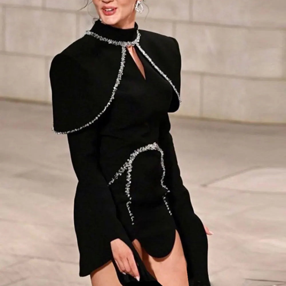 2025 Light Luxury Water Diamond Mini Dress Stand Collar Long Sleeve Bodycon Asymmetric Dress Cocktail Evening Club Party Vestido