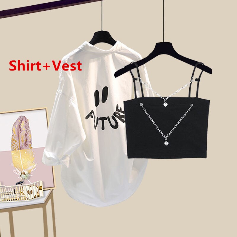 Women Spring Summer Fashion Suit Letter White Shirts Chain Vest Denim Wide Leg Pants 3 Piece Set Lady Casual Streetwear Outfits Tops Set