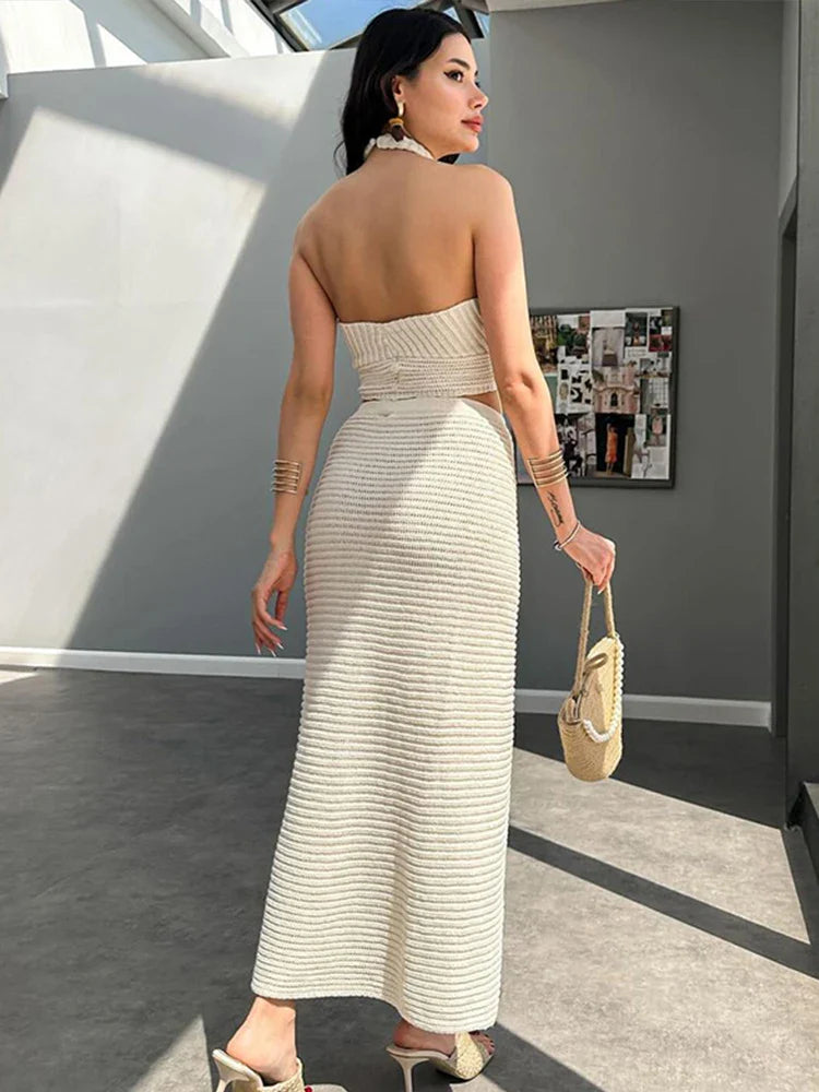 Holidays 3D Flower Knit Halter Vest Skirt Sets Women Sexy Hollow Out Top Elastic Split Skirts Summer Lady Beach Outfits