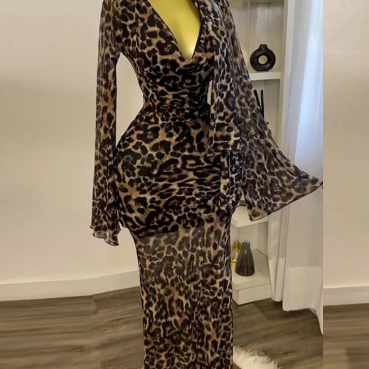 Women Full Sleeve Pile Collar leopard print Long Maxi Dress Holiday Beach Birthday Evening Sexy Party Dresses Vestidos