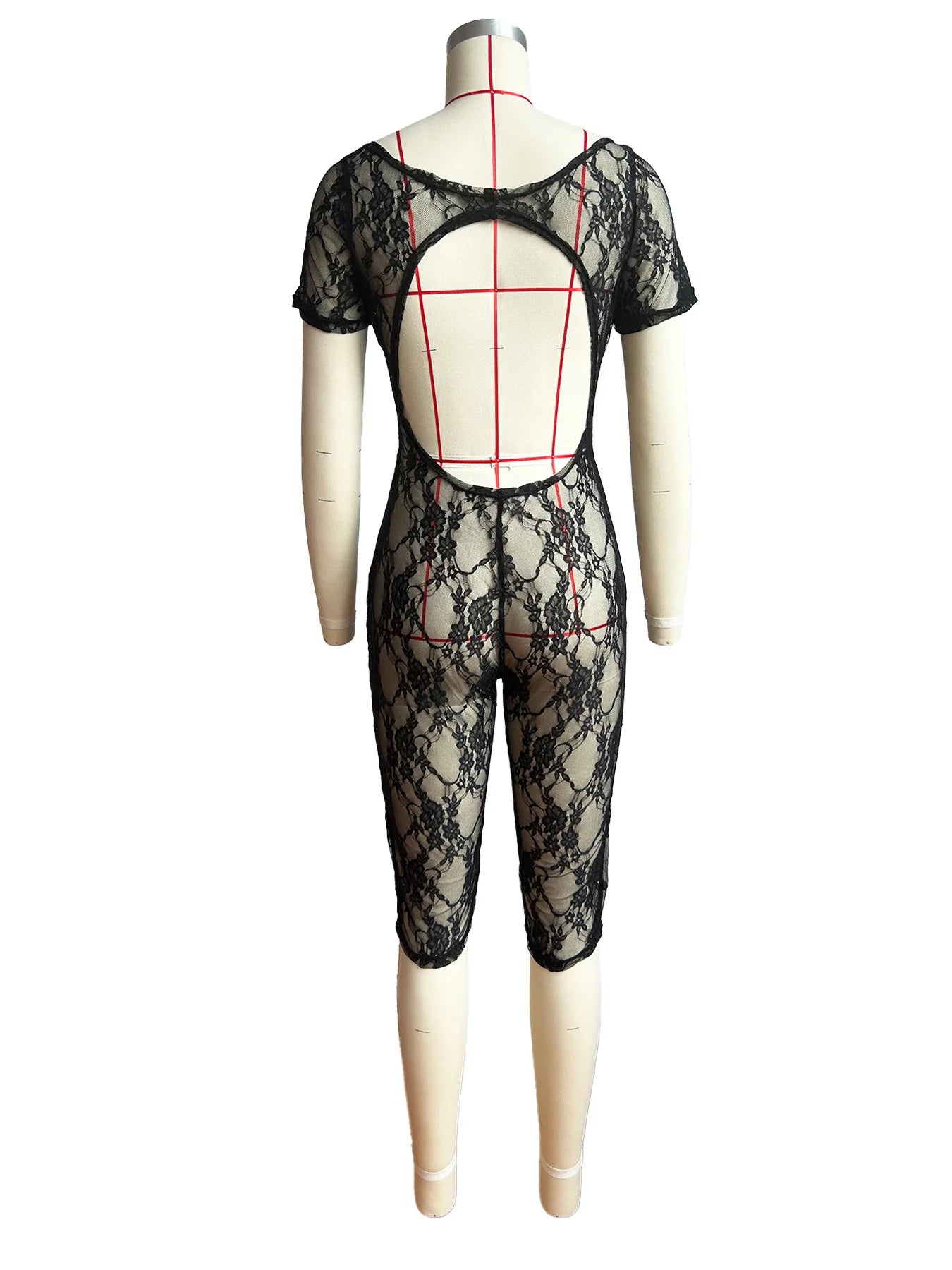 2024 Spring Short Sleeve Backless Women Lace Hollow Out Casual Rompers Playsuit Short Jumpsuits V-neck One Piece Outfits