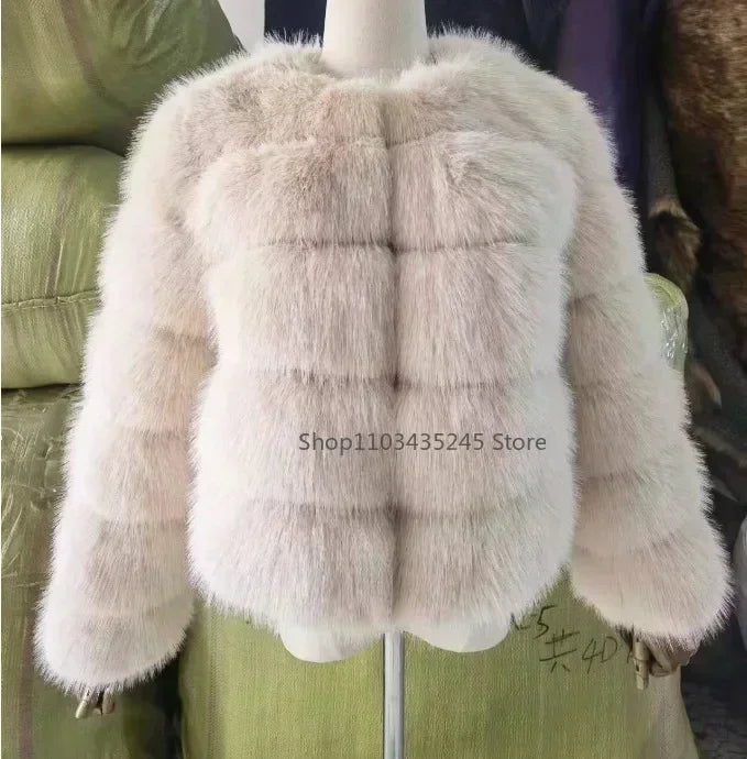 Women's Fashion Faux Fur Coat Super Hot Autumn Winter Women Short Faux Fox Fur Fluffy Jacket High Quality 5xl Ladies Furry Coats Apricot color