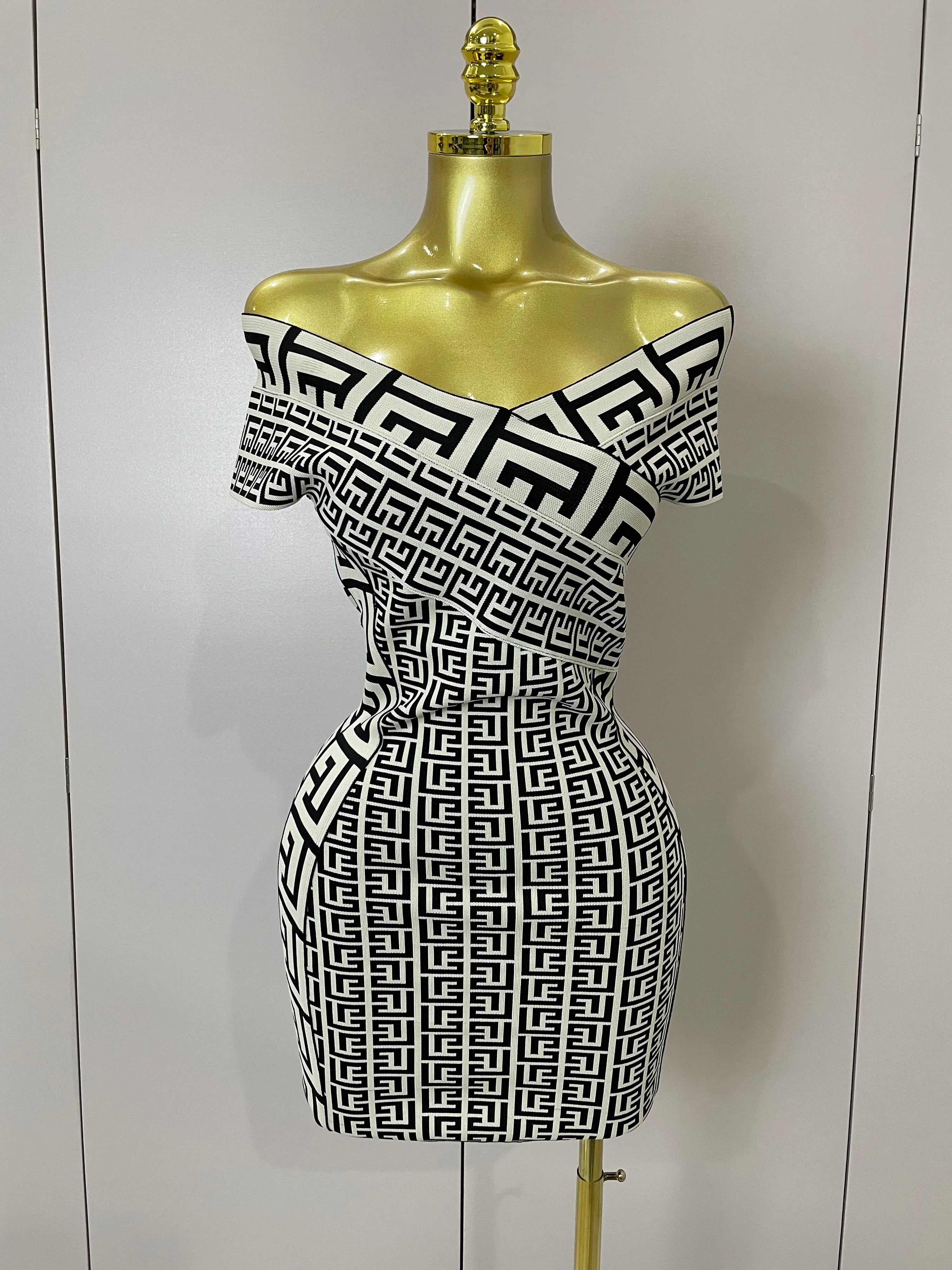 2025 Women Sexy Jacquard Slash Neck Off Shoulder Bodycon Mini Bandage Dress Elegant Evening Birthday Party Dress black