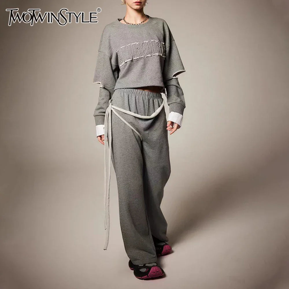 Colorblock Casual Two Piece Sets For Women O Neck Long Sleeve Top High Waist Pant Chic Set Female Fashion Clothing