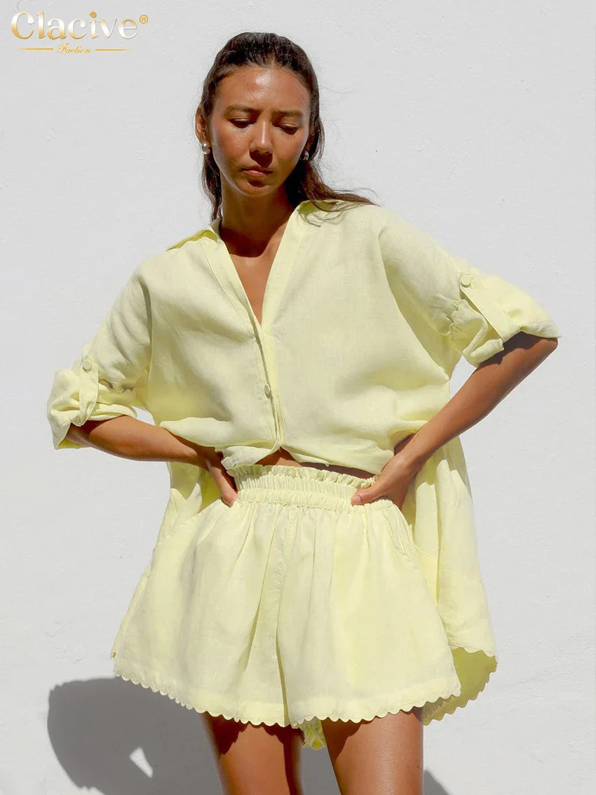 Clacive Casual Loose Orange Cotton 2 Piece Sets Women Outfit Fashion Long Sleeve Shirt With High Waist Ruffle Shorts Set Yellow