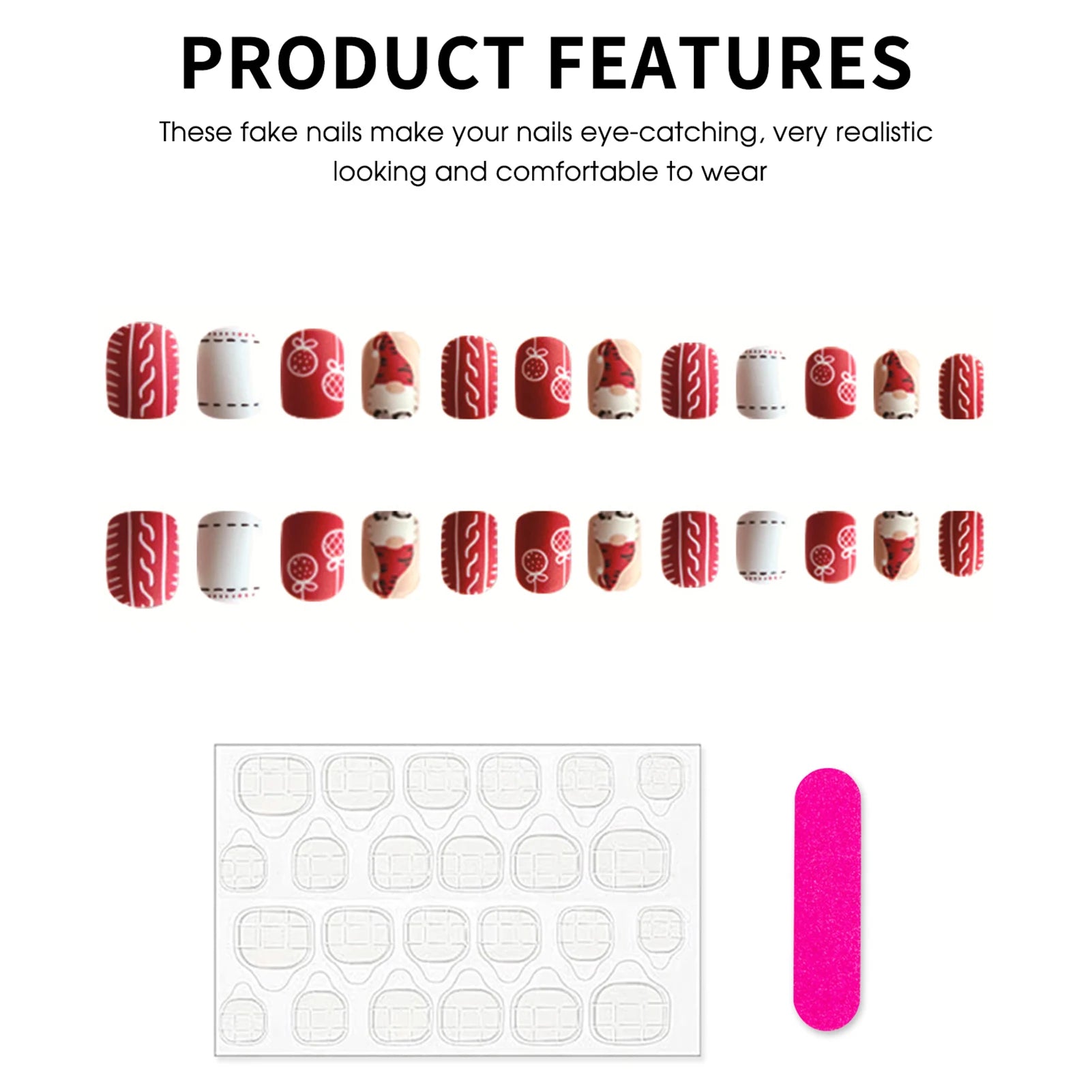 Red/White Short Square Fake Nails 24Pcs Christmas Press On Nails Santas/Candy Printed Full Cover Stick-on False Nails Patches