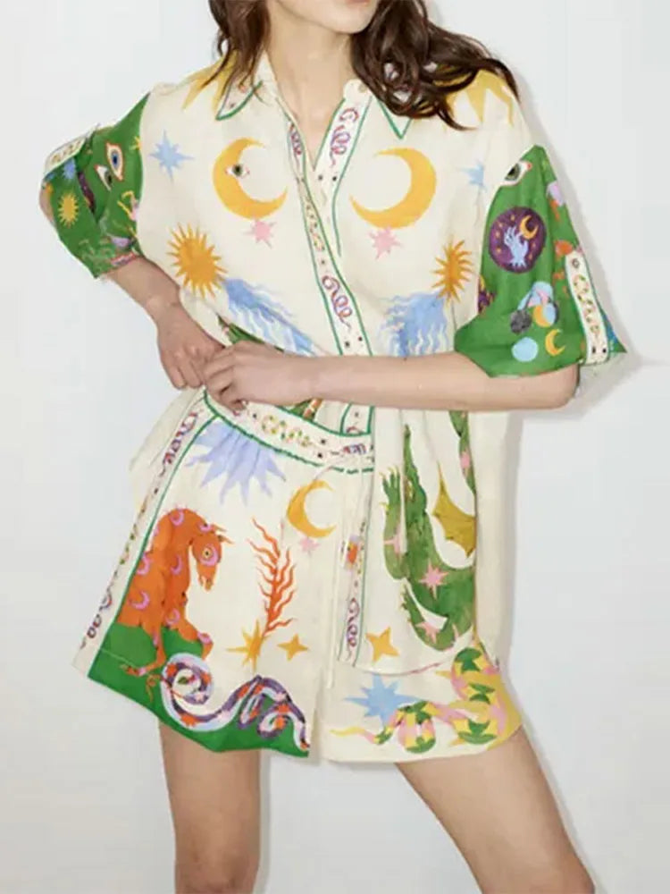 Women Fashion Printed Shorts 2 Piece Sets Causal Loose Lapel Single Breasted Shirts And Drawstring Short Suits Lady Beach Outfit