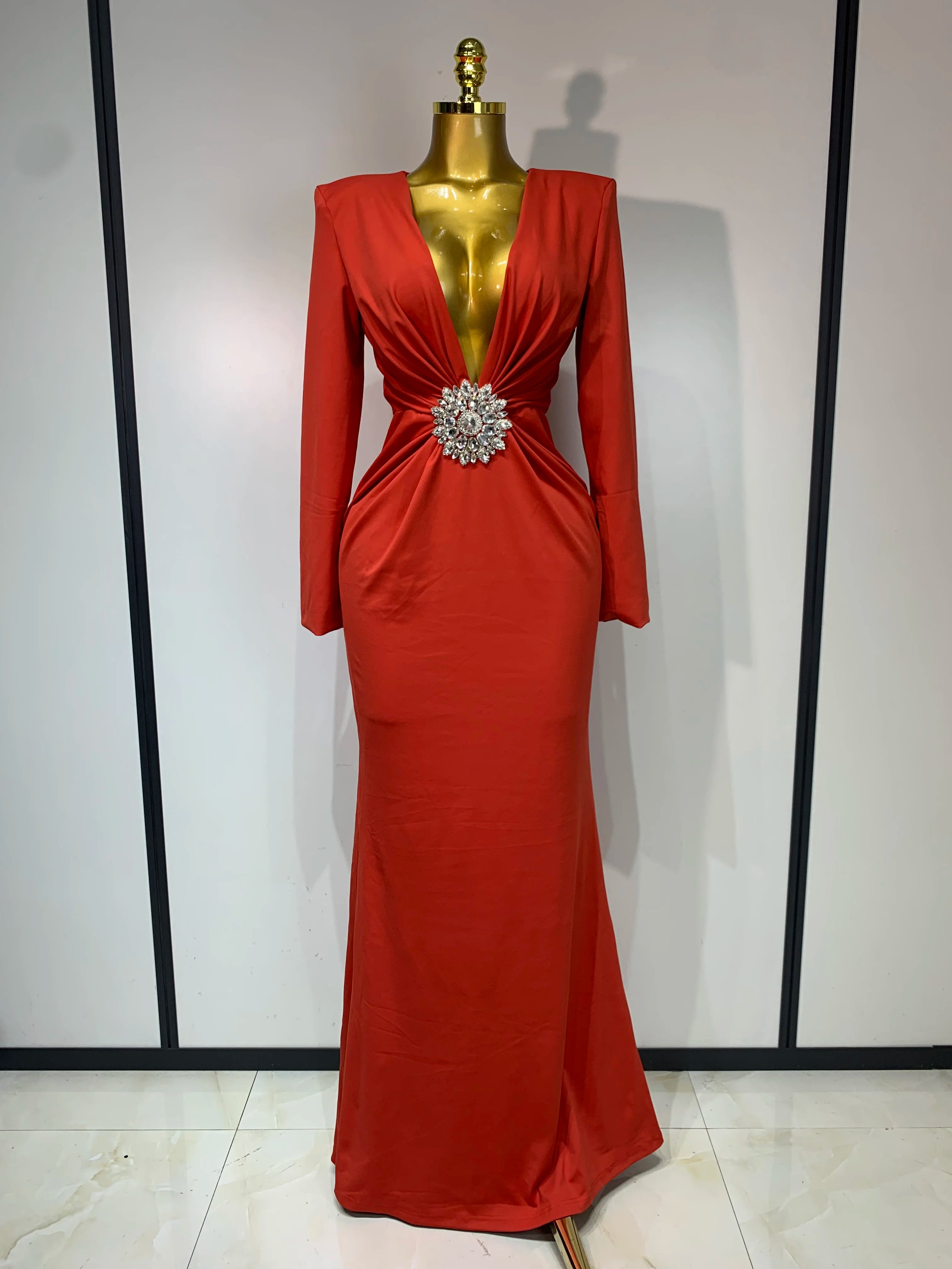 Black Diamond Bodycon Maxi Dresses Women Sexy Deep V Neck Long Sleeves Gowns Runway Party Wear 2025 Elegant Evening Party Dress Red