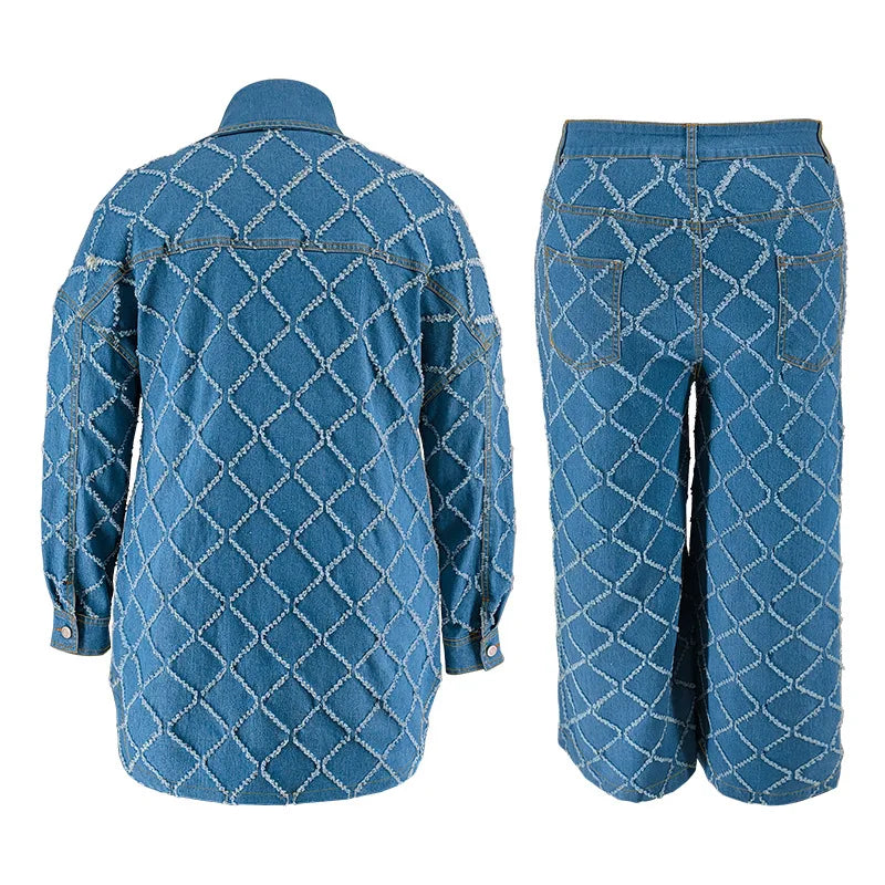 Benuynffy Plus Size Long Sleeve Single Breasted Denim Shirt Jacket And Wide Leg Jeans 2 Piece Sets Woman Outfit Casual 2025 New