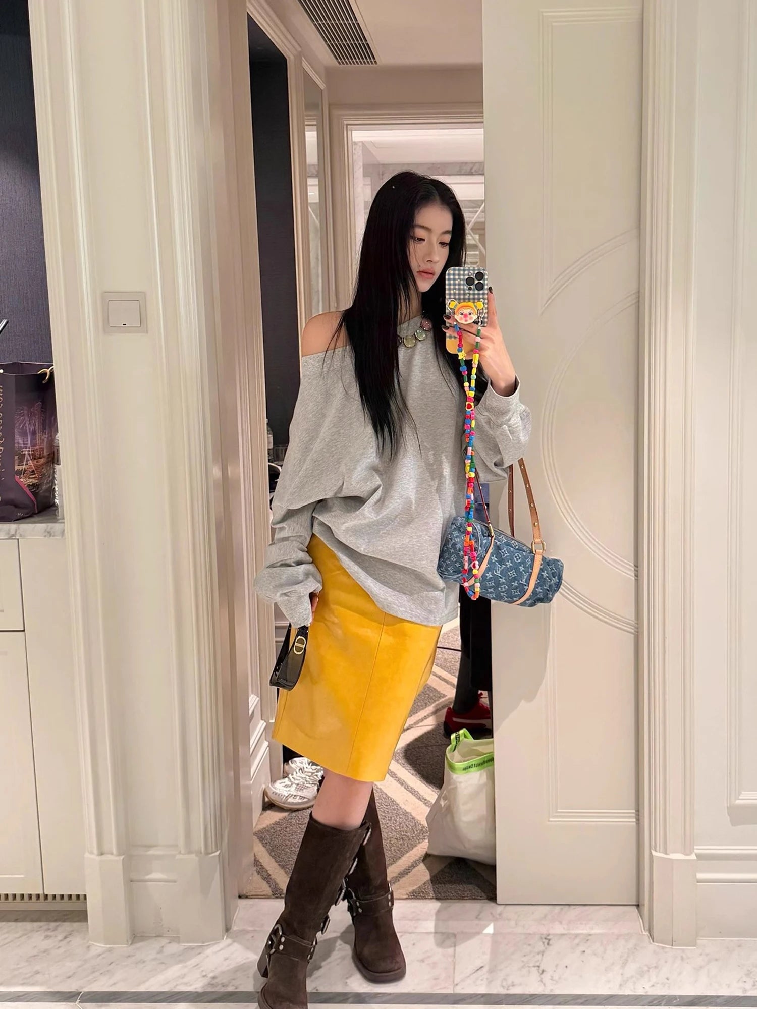 Lautaro Spring Autumn Shiny Reflective Yellow Patent Pu Leather Skirt Women with Back Slit Knee Length Luxury Designer Clothes