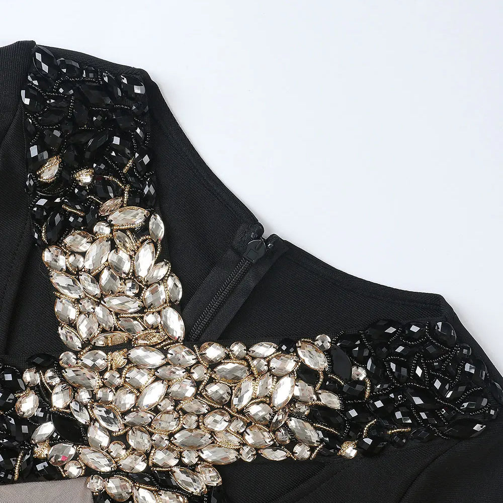 2025 Sexy Women'S Light Luxury Nail Bead Bandage Dresses V-Neck Long Sleeved Hollow Design Bodycon Split Length Dress Vestidos