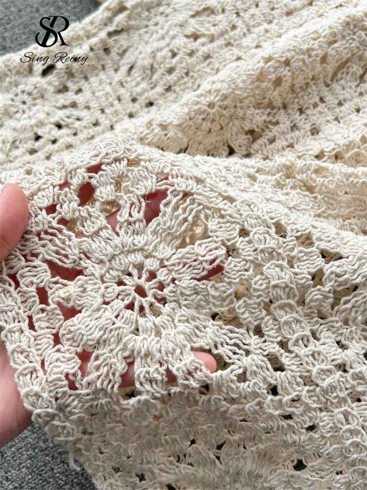 SINGREINY Fashion Knitted Two Piece Sets Halter Tassel Short Sexy Top+Hook Flower Retro Skirt Bohemian Vacation Beach Style Suit