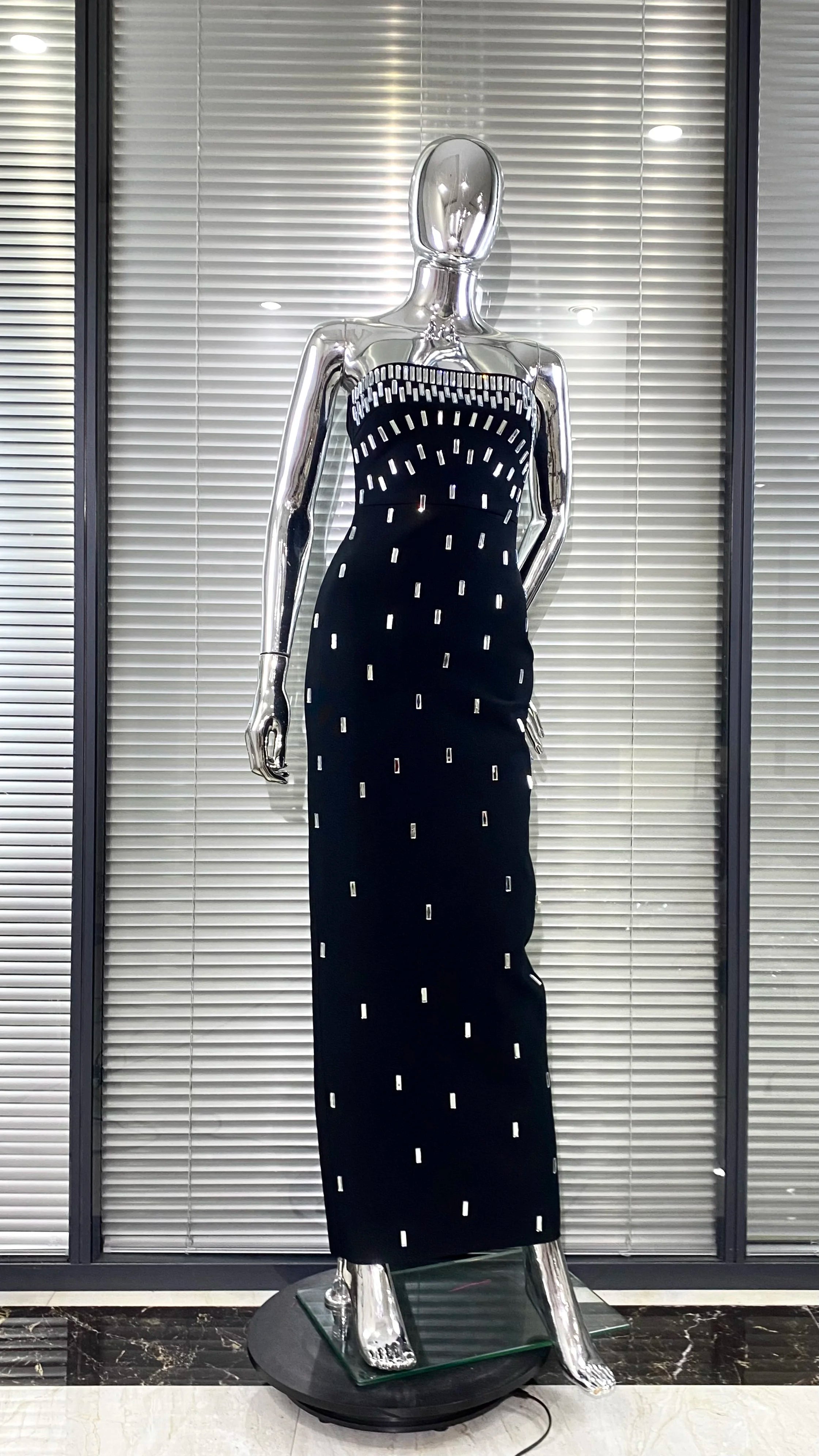 2025 Sparkling Diamonds Fashion Woman Party Dress Strapless Black Bandage Ankle Length Dress Celebrity Birthday Party Outfit