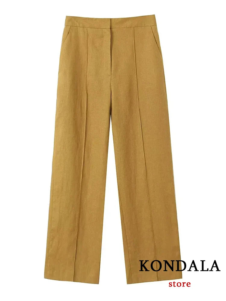 KONDALA Office Lady Linen Brown Suits Women V Neck Single Buttons Vest Blazer+High Waist Wide Leg Pants Fashion Summer Sets Pants