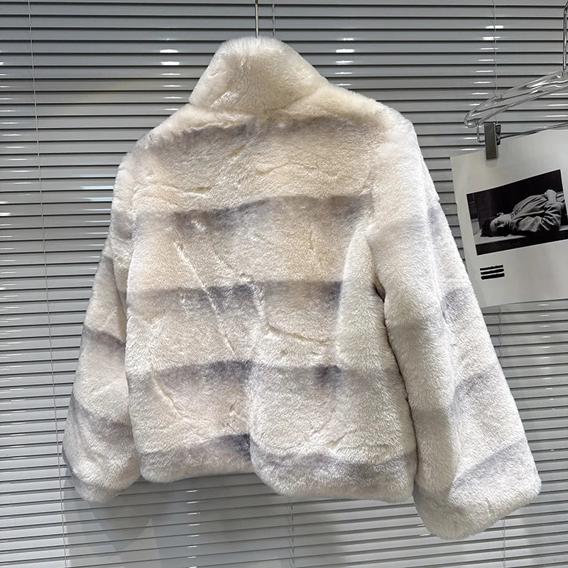 Winter New Elegant Fashion Gradient Striped Furry Warm Faux Fur Coat For Women Loose Jacket 11A07762