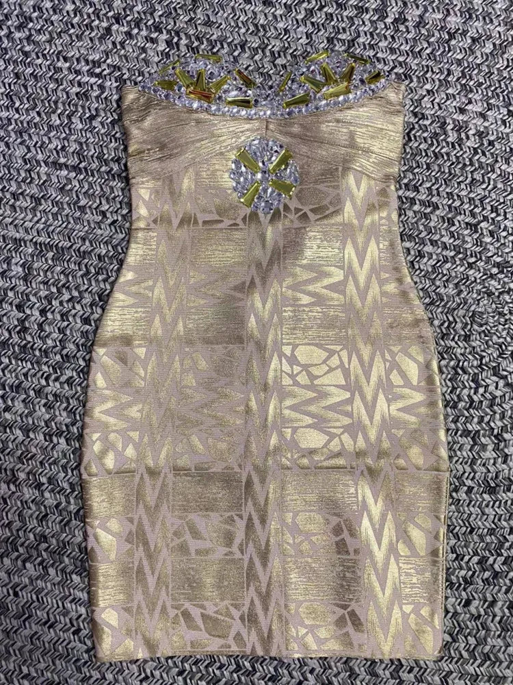 Black Silver Gold Foil Color Women Sexy Strapless Crystal Bodycon Mini Dress Bandage Fashion Nightclub Party Celebrate Dress