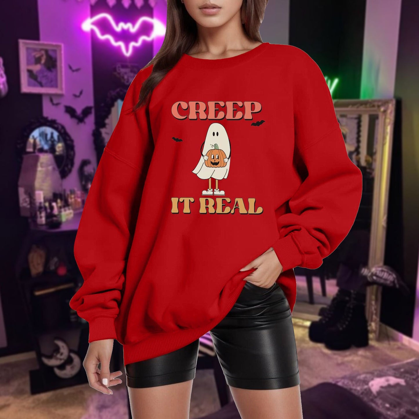 Pull sans chapeau pour femmes, décontracté, ample, couleur unie, imprimé citrouille d'halloween, épaules dénudées, tenue d'automne