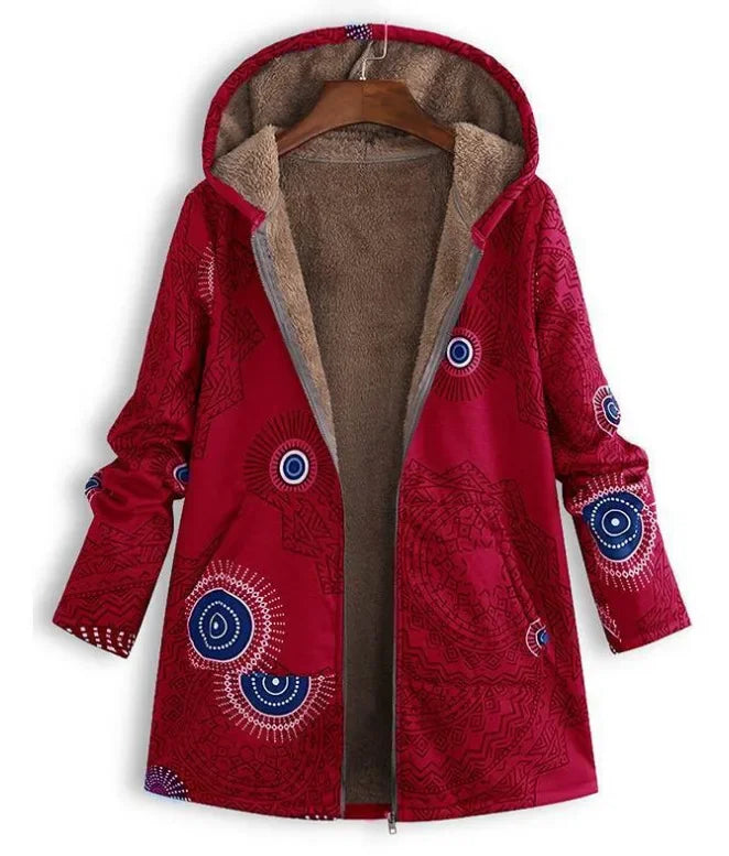 Thickened Zipper Hooded Coat Coat Coat Autumn and Winter New Cotton and Hemp Coat Women's Vintage Warm Printing Pocket red1