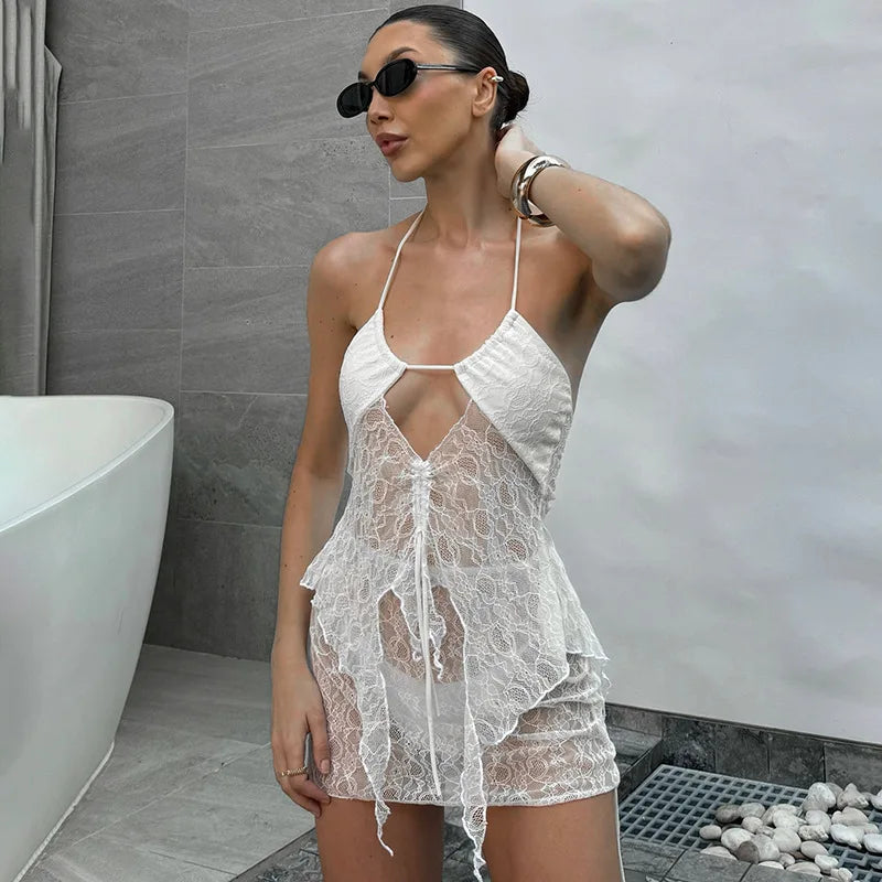 See Through Lace Hollow Out Sexy Two Piece Sets Women Halter Crop Tops And Mini Skirt Female Beach Club Skirt Sets White