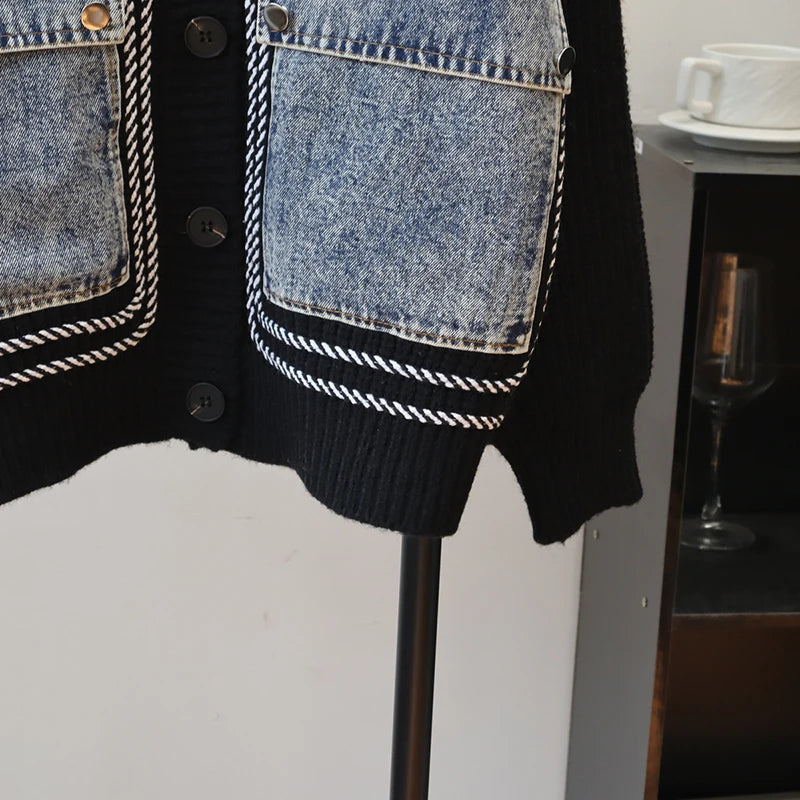 Autumn Winter New Design Patchwork Denim Pocket Knitted Cardigan For Women Loose Sweater Jacket Female Trendy 11A07745