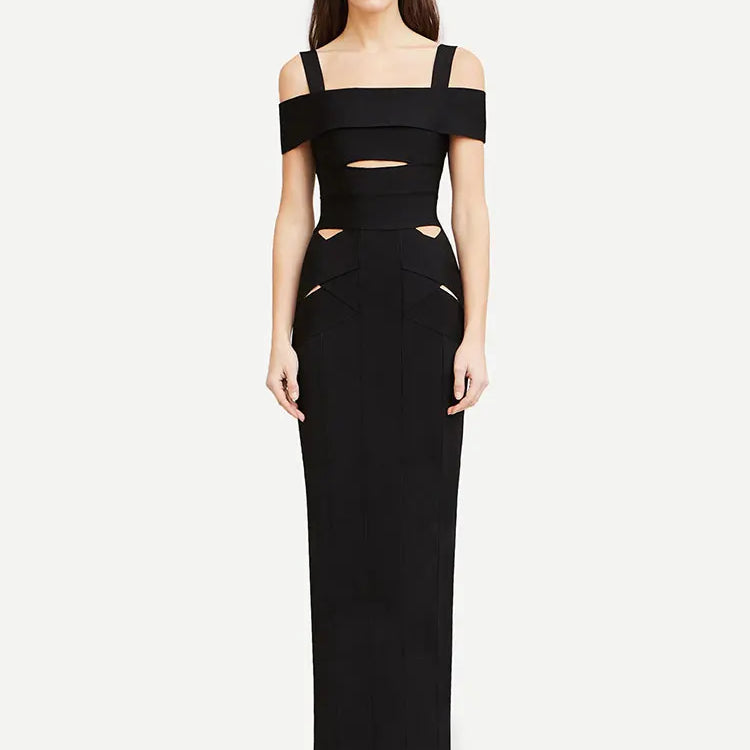 2025 Sexy Women's Hollow Design Bandage Dress Spaghetti Strap Shoulder Sleeve Bodycon Long Dress Cocktail Evening Party Vestidos black
