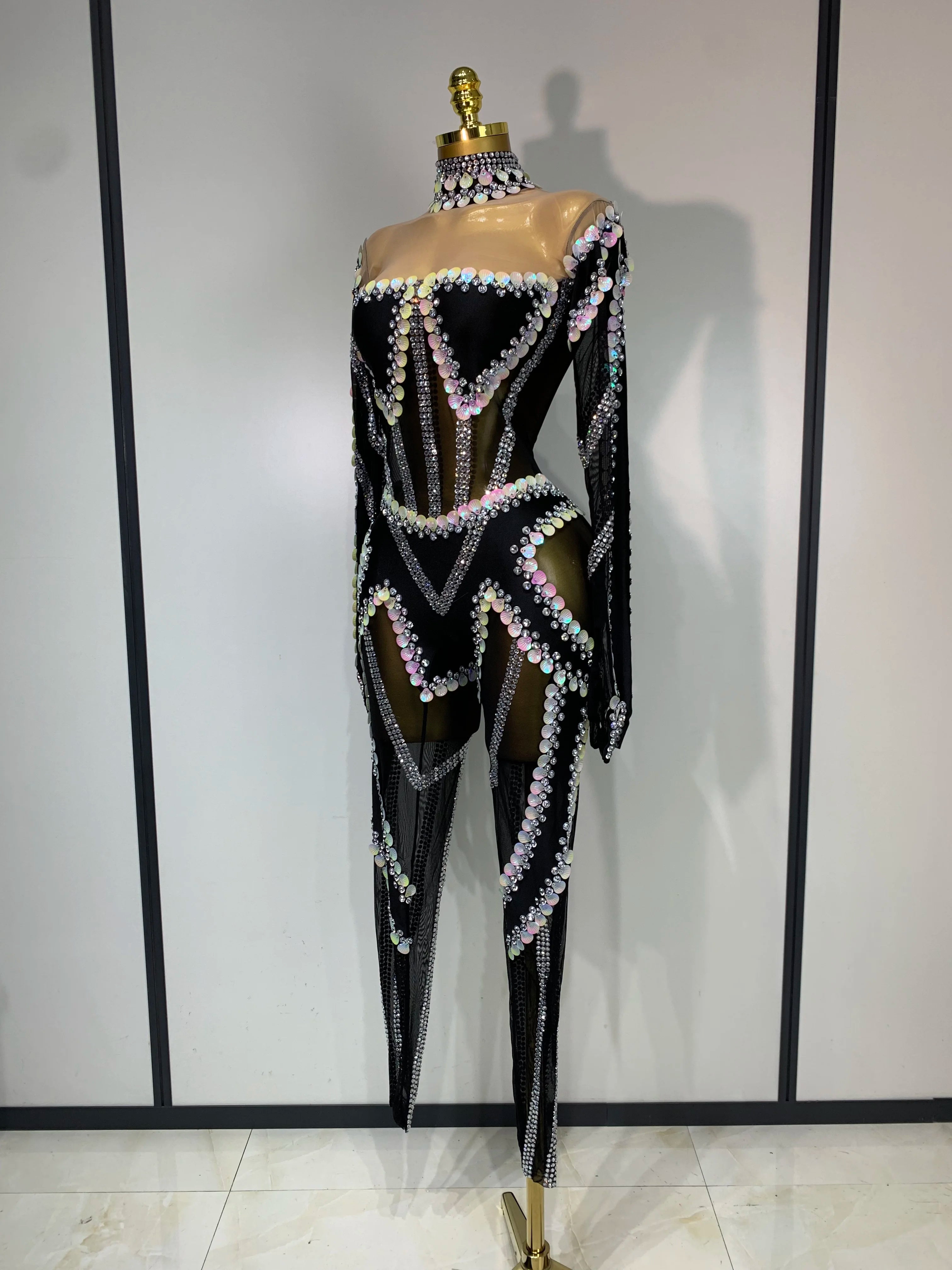 Women Sexy Long Sleeve Sparkly Crystal Sequin Mesh Jumpsuit Nightclub Cos Party Dancer Performance Costume Stage Outfit