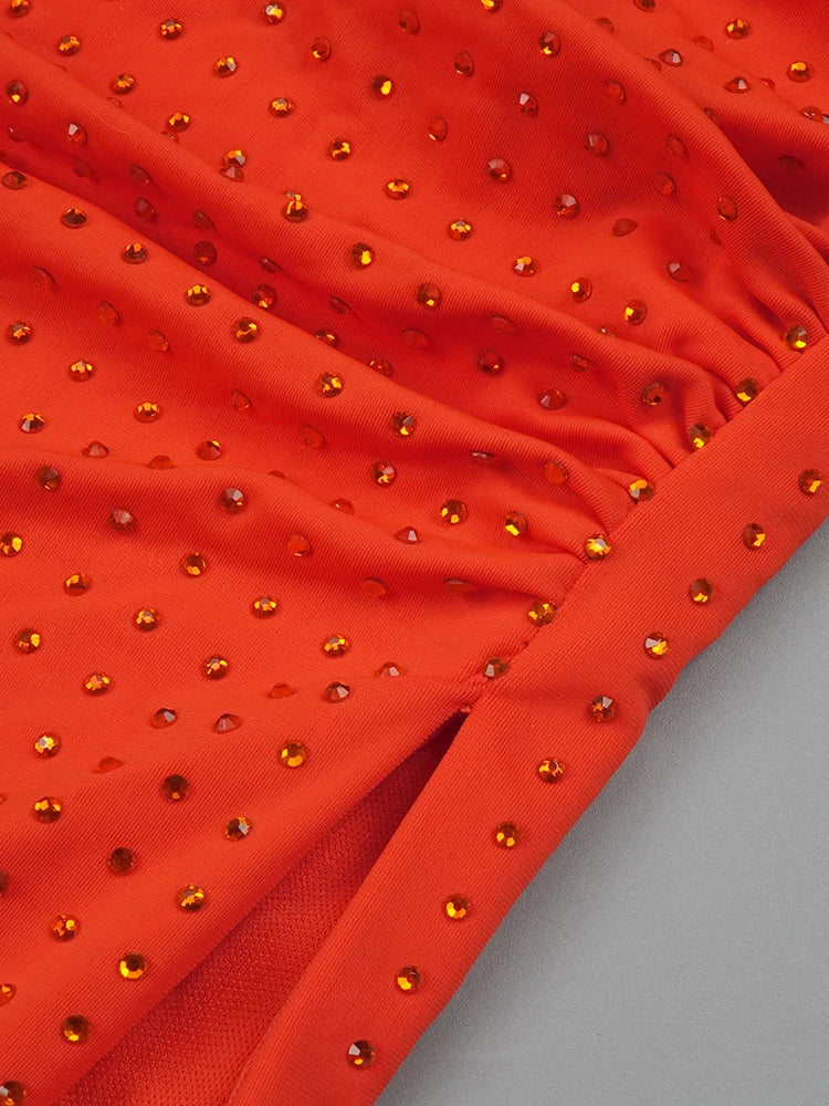 Orange Halter Sleeveless Cut Out Log Dress Diamonds Maxi Bodycon Elegant Party Evening Stage Performance Vestido