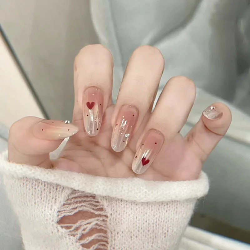 24Pcs Spring Wearing False Nails Short Almond Oval Nails with Red Love Rhinestone Designs Popular Nail Stickers for Spicy Girls 1