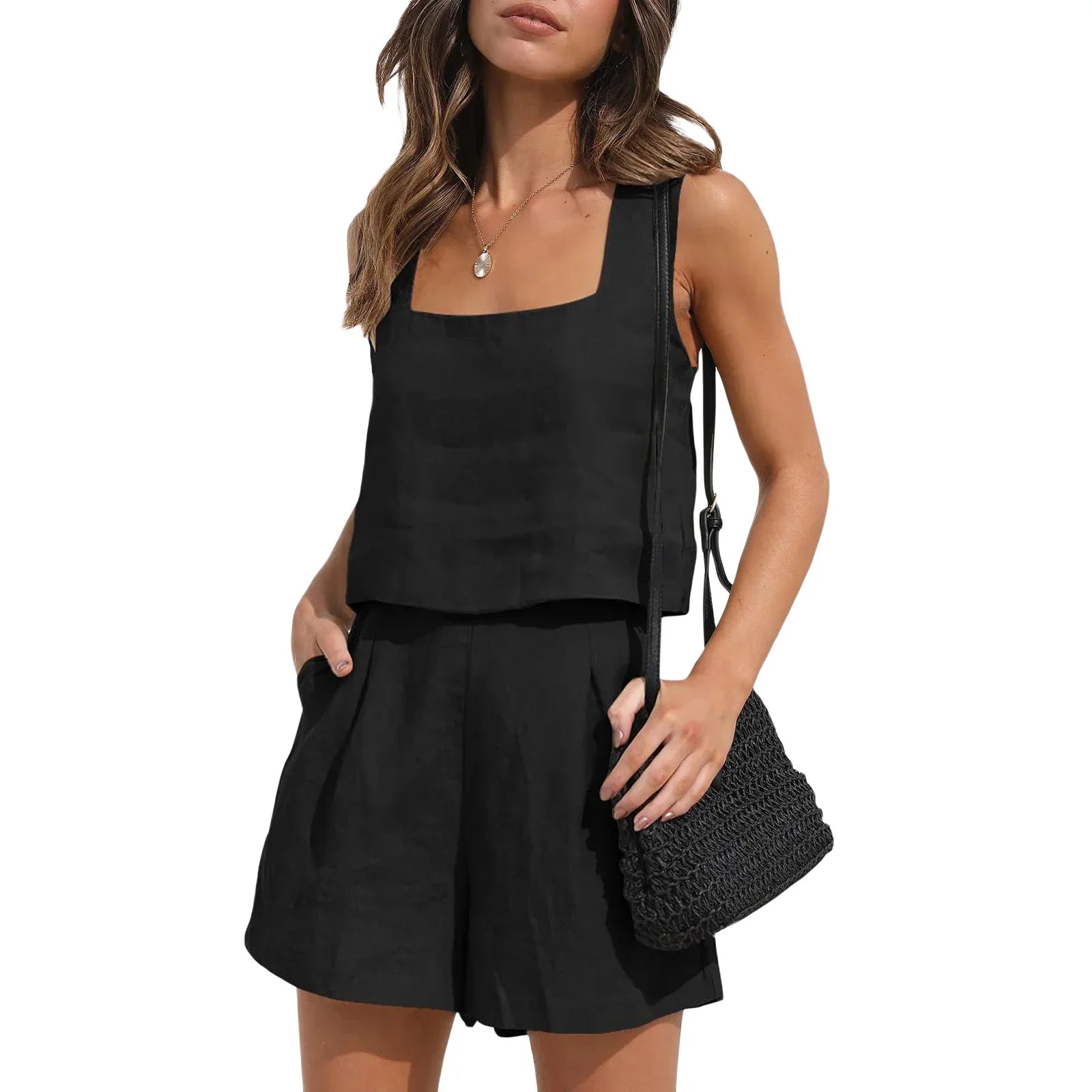 Short Suit Women 2 Pieces Set Vest Shorts Outfit Solid Color Sleeveless Spring Summer Pockets Casual Daily Linen Female Clothing Black